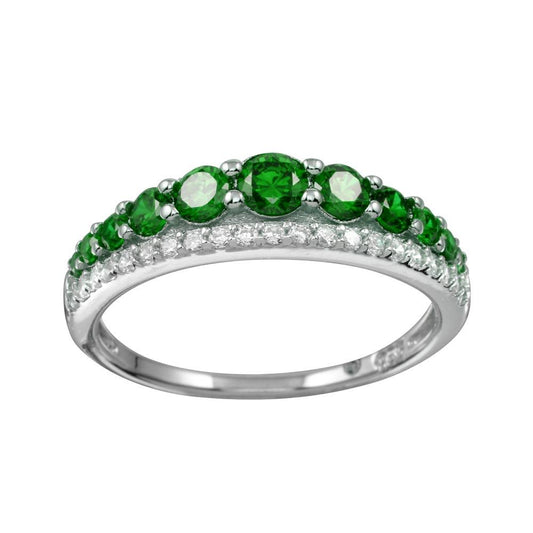 Rhodium Plated 925 Sterling Silver Green & Clear CZ Ring Band Sizes 5-9