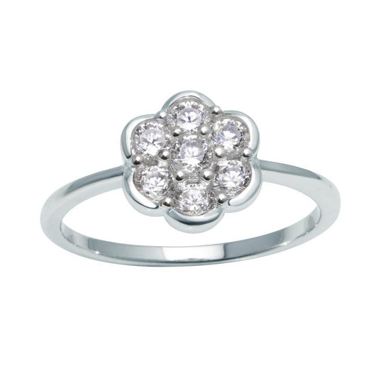 Polished Rhodium Plated 925 Sterling Silver Flower Ring Clear CZ Band Sizes 5-9