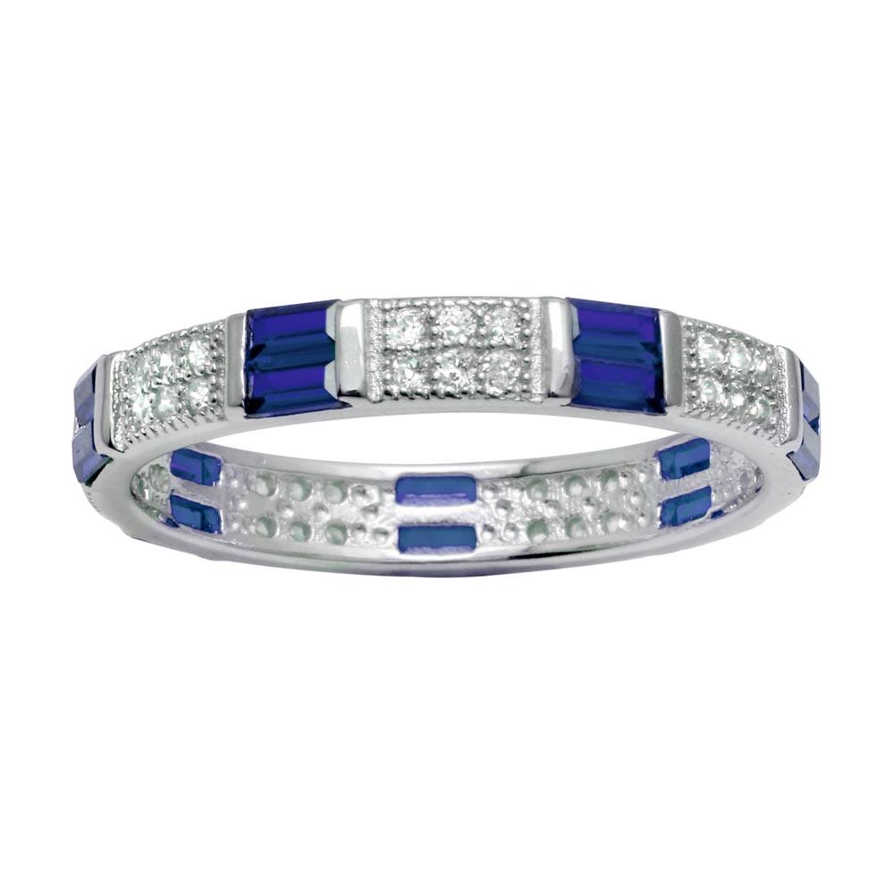 Rhodium Plated 925 Sterling Silver Pattern Eternity Ring Blue Clear CZ Sizes 5-9