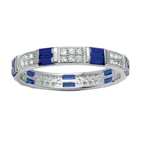 Rhodium Plated 925 Sterling Silver Pattern Eternity Ring Blue Clear CZ Sizes 5-9