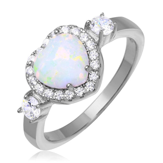 Rhodium Plated 925 Sterling Silver Halo Heart Ring Synthetic Opal CZ Sizes 5-9