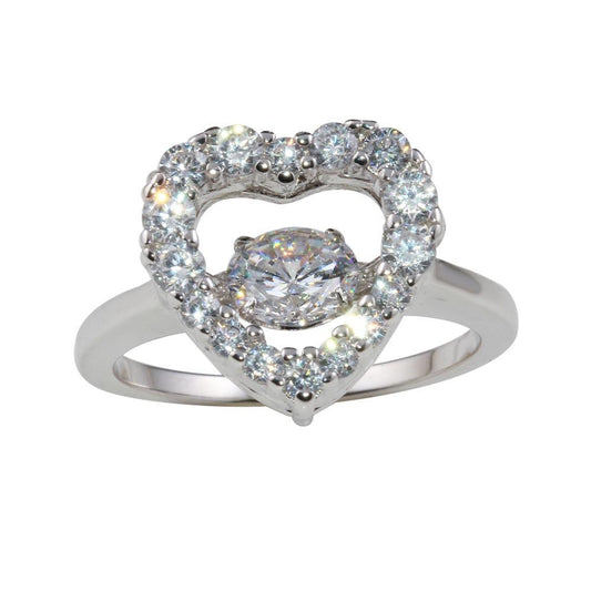 Rhodium Plated 925 Sterling Silver Heart-Shaped Dancing Clear CZ Ring Sizes 5-9