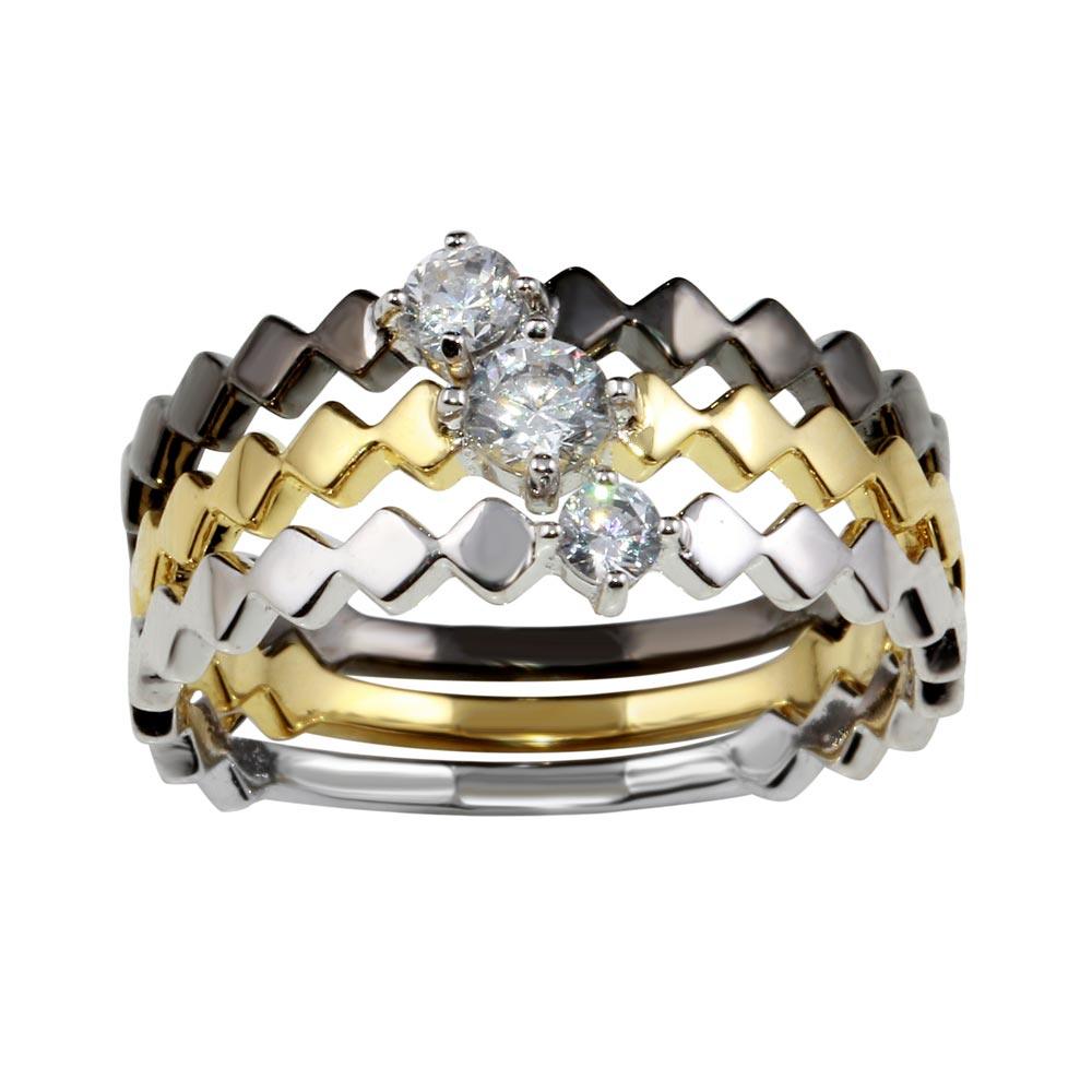 Three-Tone 925 Gold Plated Sterling Silver Stackable Ring Set Clear CZ Sizes 5-9