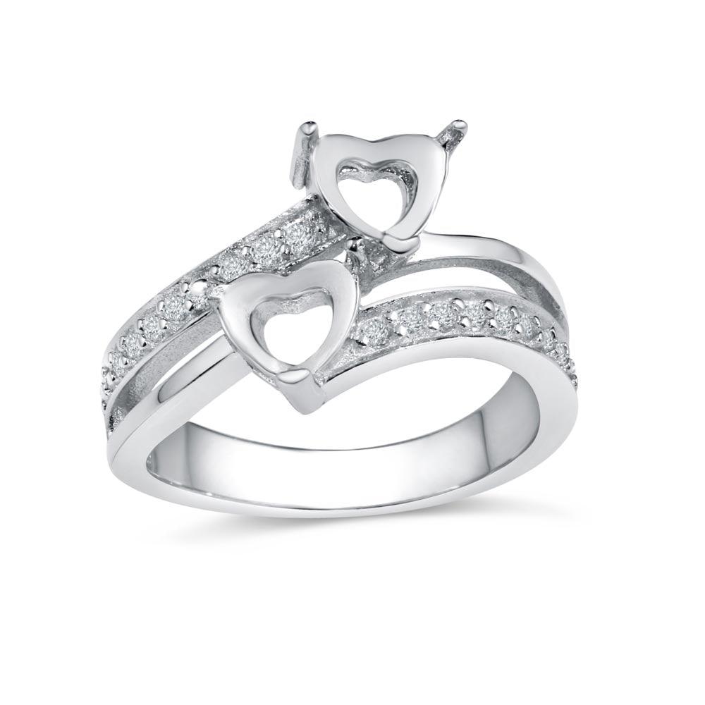 Rhodium Plated 925 Sterling Silver Double Heart Ring Clear CZ Band Sizes 5-9