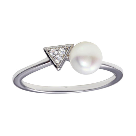 Rhodium Plated 925 Sterling Silver CZ & Simulated Pearl Ring Band Sizes 5-9