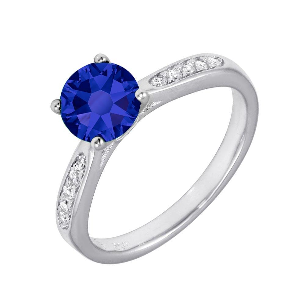 High Polished Rhodium Plated 925 Sterling Silver Blue CZ Center Ring Sizes 5-9