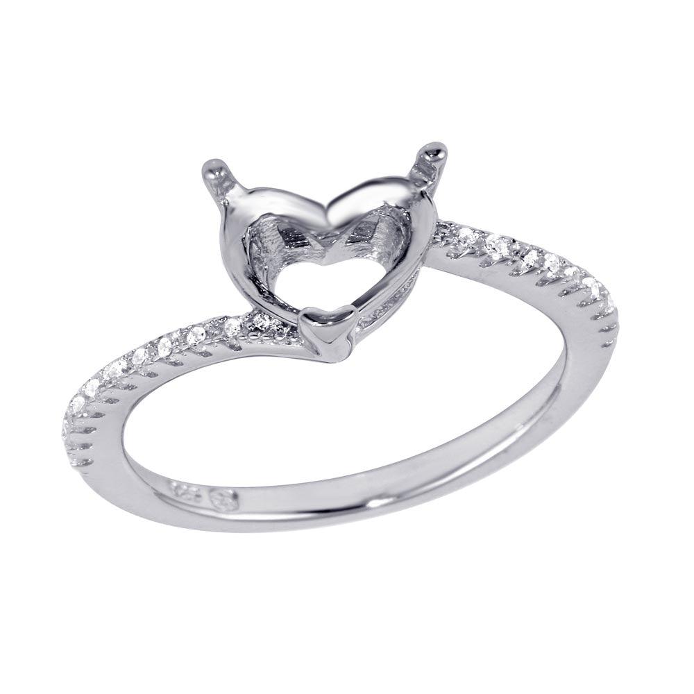 Rhodium Plated 925 Sterling Silver Asymmetrical Heart Mounting Ring CZ Sizes 5-9