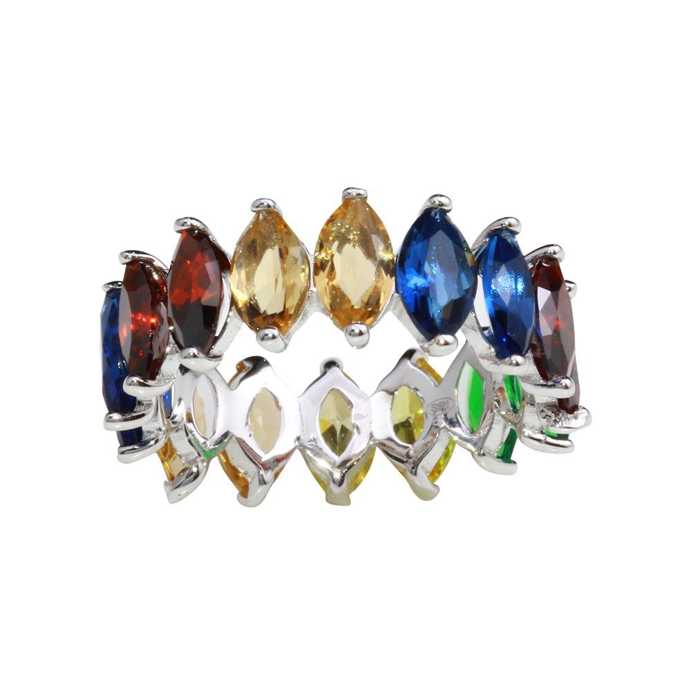 Rhodium Plated 925 Sterling Silver Multi-Colored Oval CZ Ring Band Sizes 5-9