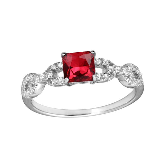 Rhodium Plated 925 Sterling Silver Red CZ Chain Design Shank Ring Band Sizes 5-9