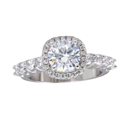 Polished Rhodium Plated 925 Sterling Silver CZ Halo Ring CZ Shank Band Sizes 5-9