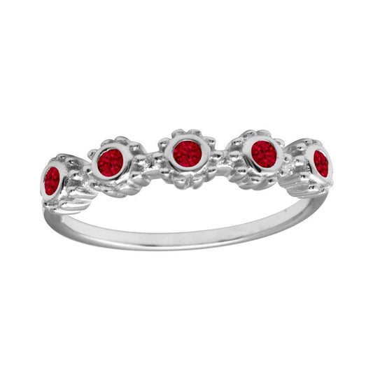 High Polished Rhodium Plated 925 Sterling Silver Flower Red CZ Ring Sizes 5-9