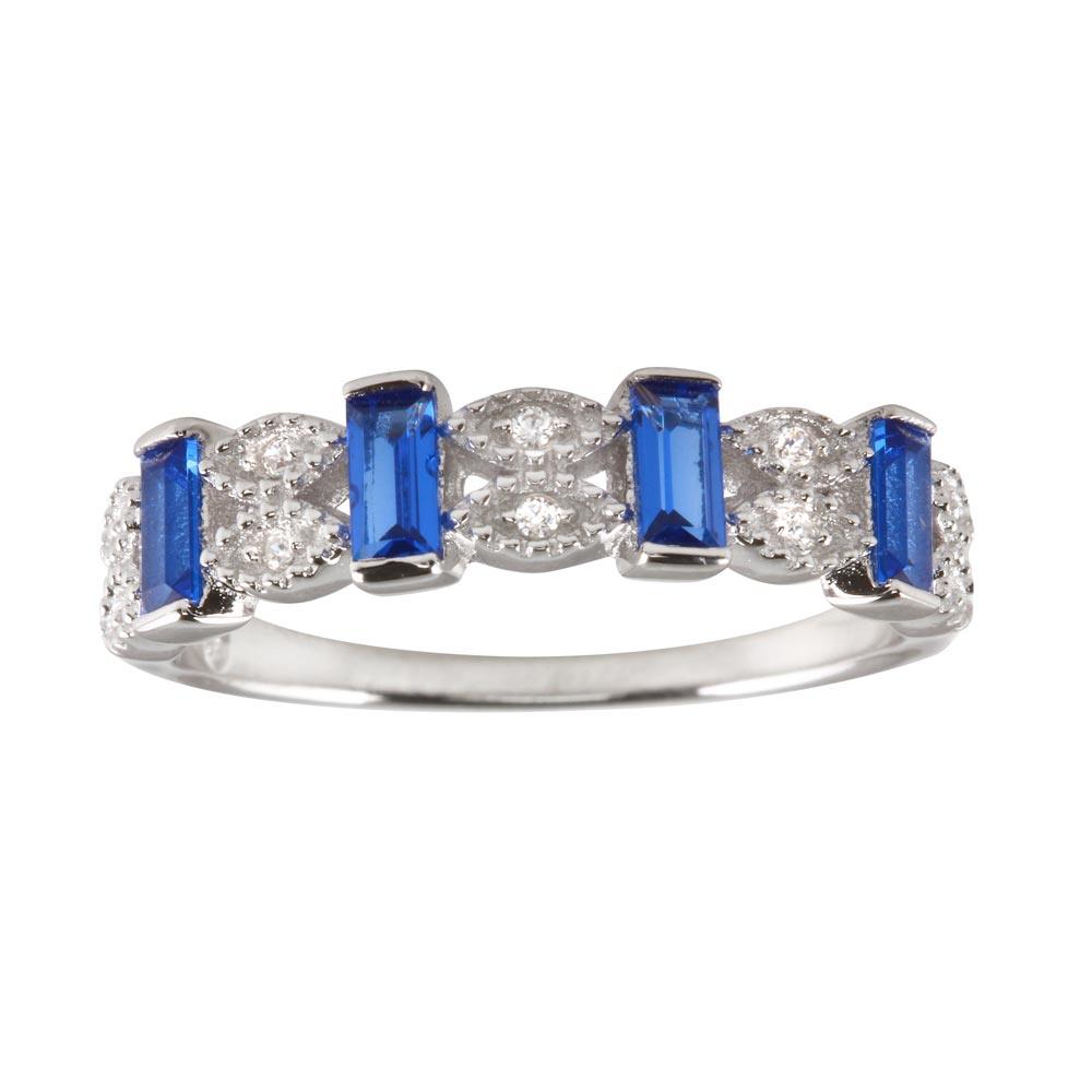 Polished Rhodium Plated 925 Sterling Silver Blue Bar CZ Link Ring Band Sizes 5-9
