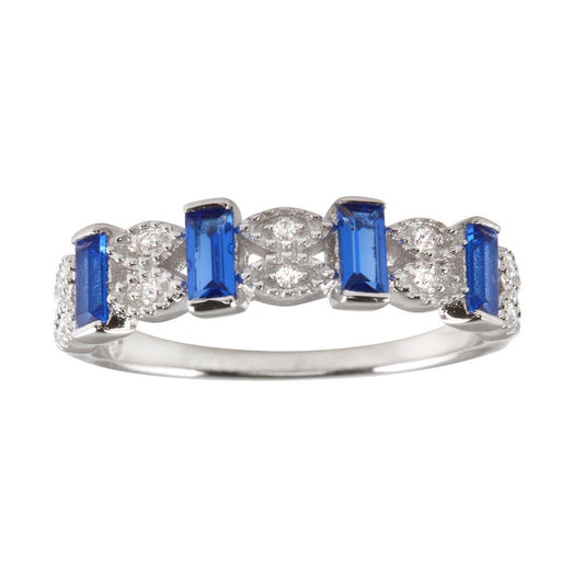 Polished Rhodium Plated 925 Sterling Silver Blue Bar CZ Link Ring Band Sizes 5-9