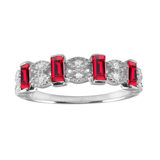 Polished Rhodium Plated 925 Sterling Silver Red Bar CZ Link Ring Band Sizes 5-9