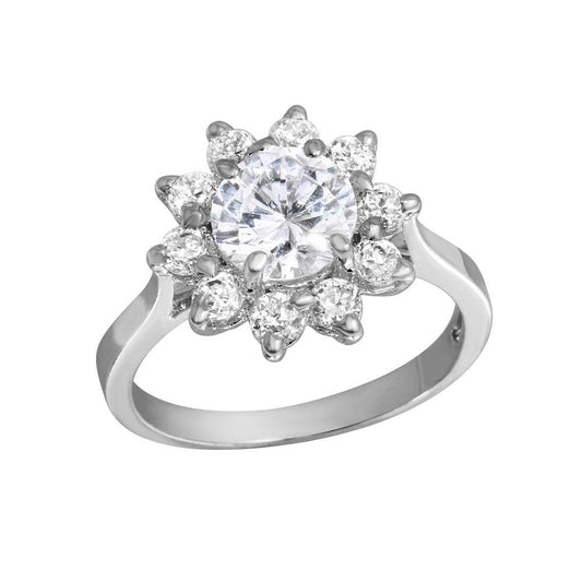 High Polished Rhodium Plated 925 Sterling Silver CZ Flower Ring Band Sizes 5-9