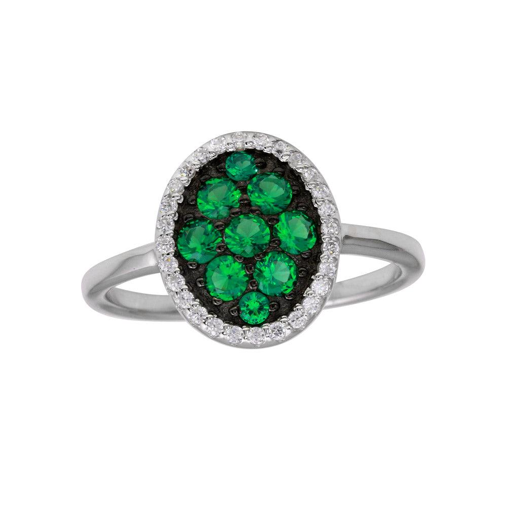 Rhodium Plated 925 Sterling Silver Oval Ring Green & Clear CZ Band Sizes 5-9