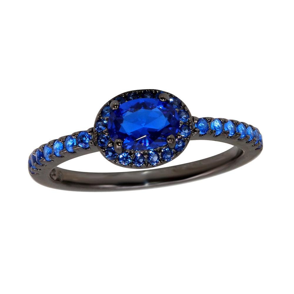 Black Rhodium Plated 925 Sterling Silver Blue Oval CZ Ring Band Sizes 5-9