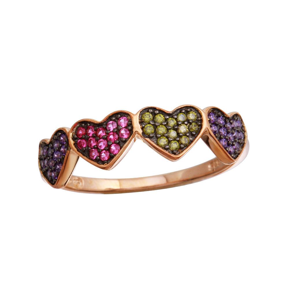 Rose Gold Plated 925 Sterling Silver Heart Ring Multi-Colored CZ Band Sizes 5-9