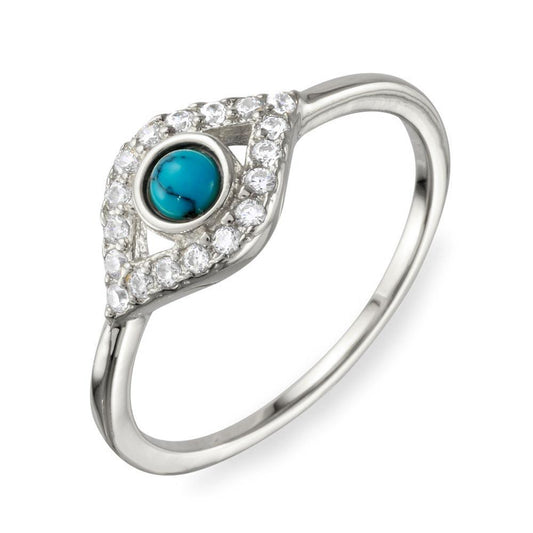 Rhodium Plated 925 Sterling Silver Eye CZ Ring Simulated Turquoise Sizes 5-9