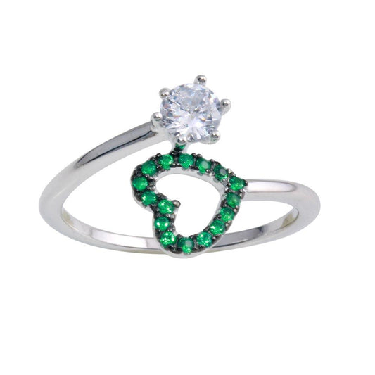 Rhodium Plated 925 Sterling Silver Open Heart Ring Green Clear CZ Band Sizes 5-9