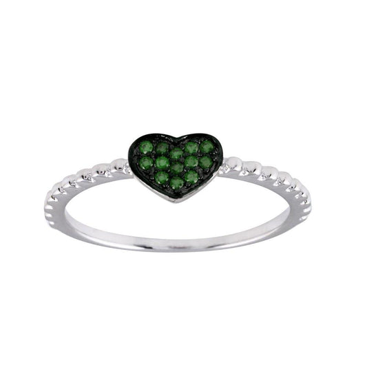 Rhodium Plated 925 Sterling Silver Beaded Heart Green CZ Ring Band Sizes 5-9