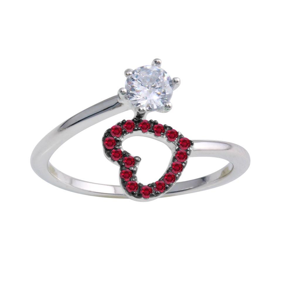 Rhodium Plated 925 Sterling Silver Open Heart Ring Red Clear CZ Band Sizes 5-9