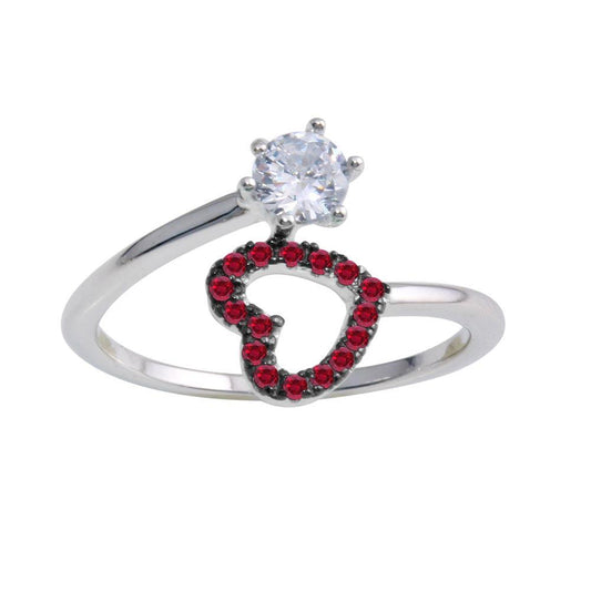 Rhodium Plated 925 Sterling Silver Open Heart Ring Red Clear CZ Band Sizes 5-9
