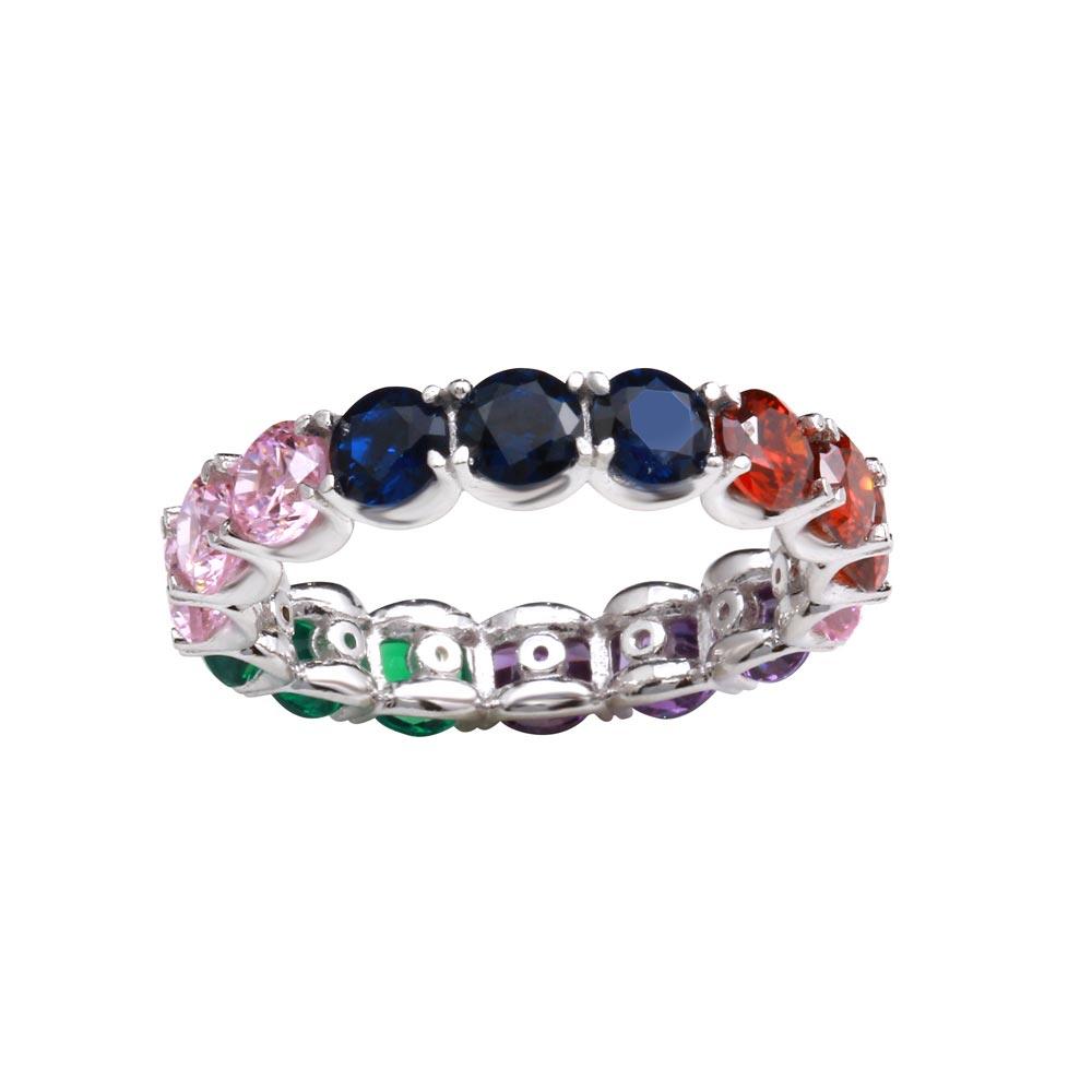 Rhodium Plated 925 Sterling Silver Multi-Colored Round CZ Ring Band Sizes 5-9