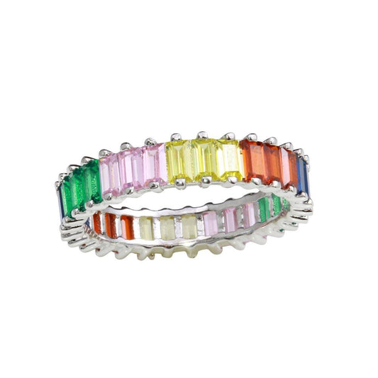 Rhodium Plated 925 Sterling Silver Multi-Colored Rectangular CZ Ring Sizes 5-9