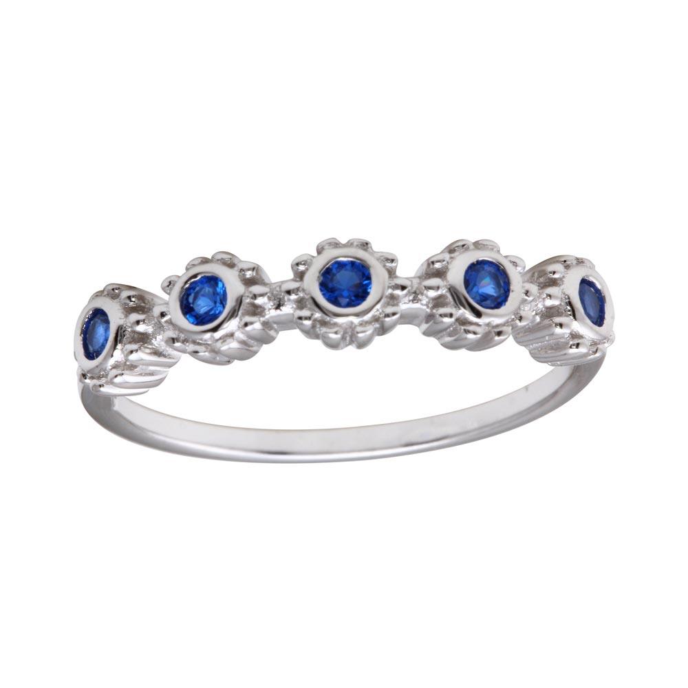 Polished Rhodium Plated 925 Sterling Silver Flower Blue CZ Ring Band Sizes 5-9