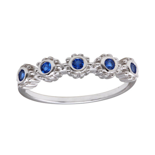 Polished Rhodium Plated 925 Sterling Silver Flower Blue CZ Ring Band Sizes 5-9