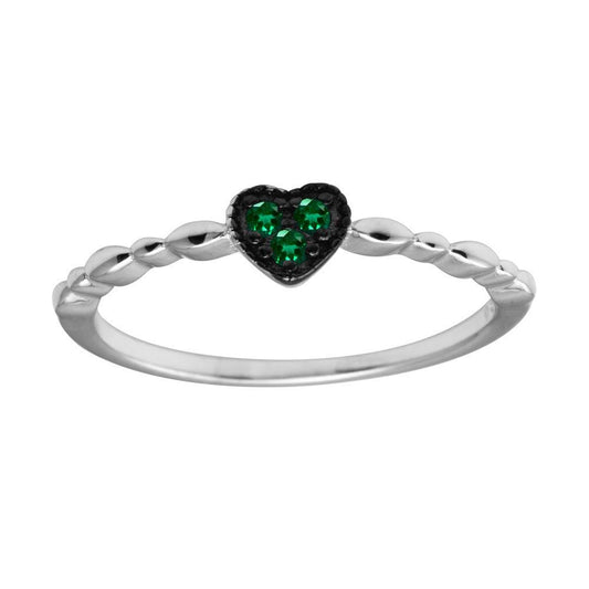 High Polished Rhodium Plated 925 Sterling Silver Heart Green CZ Ring Sizes 5-9