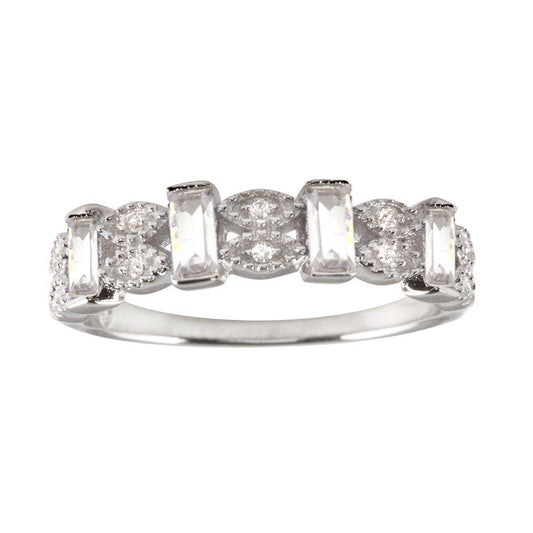 Polished Rhodium Plated 925 Sterling Silver Clear Bar CZ Link Ring Sizes 5-9