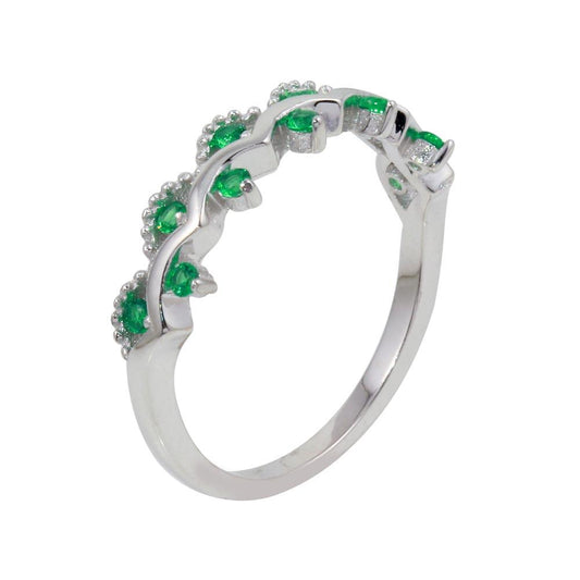 Polished Rhodium Plated 925 Sterling Silver Wavy Ring Green CZ Band Sizes 5-9