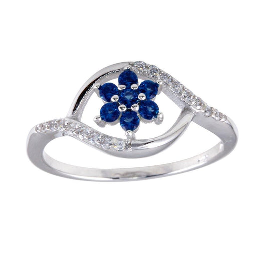 Rhodium Plated 925 Sterling Silver Wave Blue Flower CZ Ring Band Sizes 5-9