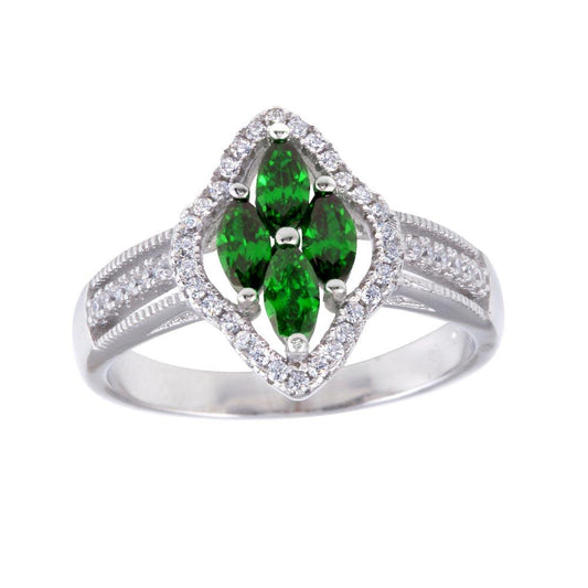 Polished Rhodium Plated 925 Sterling Silver Green Marquise CZ Ring Sizes 5-9