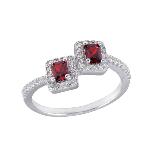 Rhodium Plated 925 Sterling Silver Double Square Red CZ Ring Band Sizes 5-9