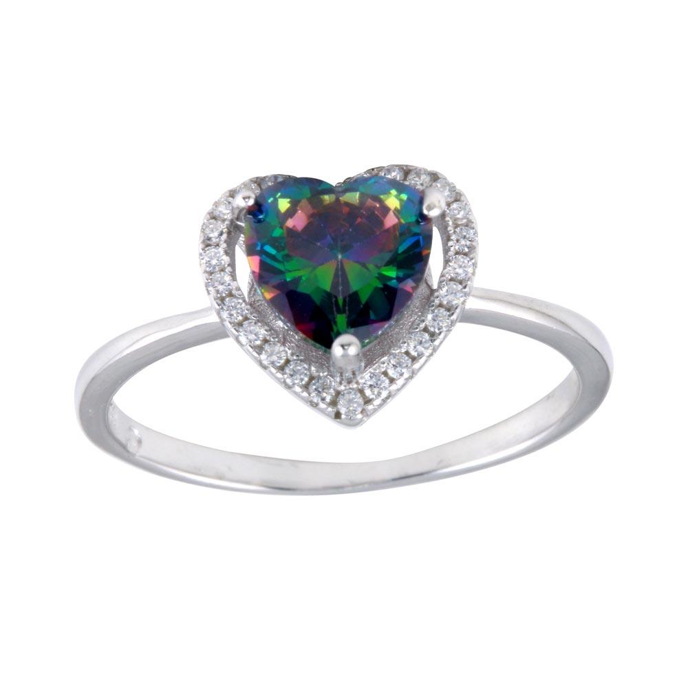 Rhodium Plated 925 Sterling Silver Heart Mystic Topaz CZ Ring Band Sizes 5-9
