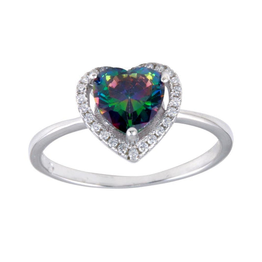 Rhodium Plated 925 Sterling Silver Heart Mystic Topaz CZ Ring Band Sizes 5-9