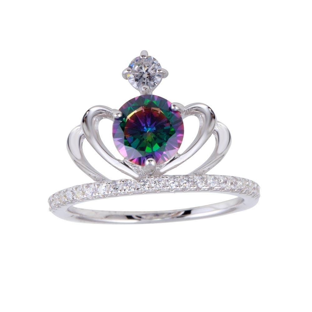 Rhodium Plated 925 Sterling Silver Crown Mystic Topaz CZ Ring Band Sizes 5-9
