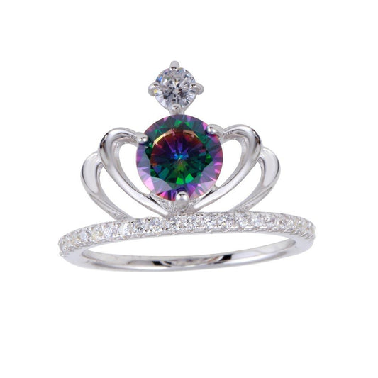 Rhodium Plated 925 Sterling Silver Crown Mystic Topaz CZ Ring Band Sizes 5-9