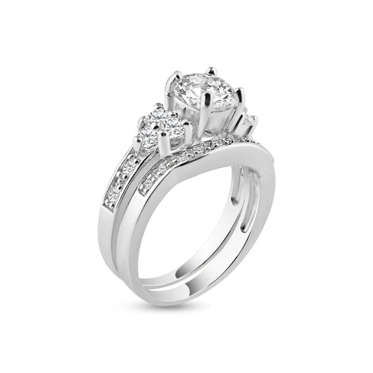 Rhodium Plated 925 Sterling Silver Clear Pave CZ Engagement Ring Set Sizes 5-9
