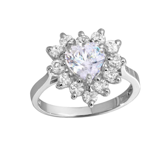 High Polished Rhodium Plated 925 Sterling Silver CZ Heart Flower Ring Sizes 5-9