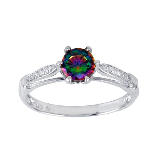 Rhodium Plated 925 Sterling Silver Oval Solitaire Mystic Topaz CZ Ring Sizes 5-9
