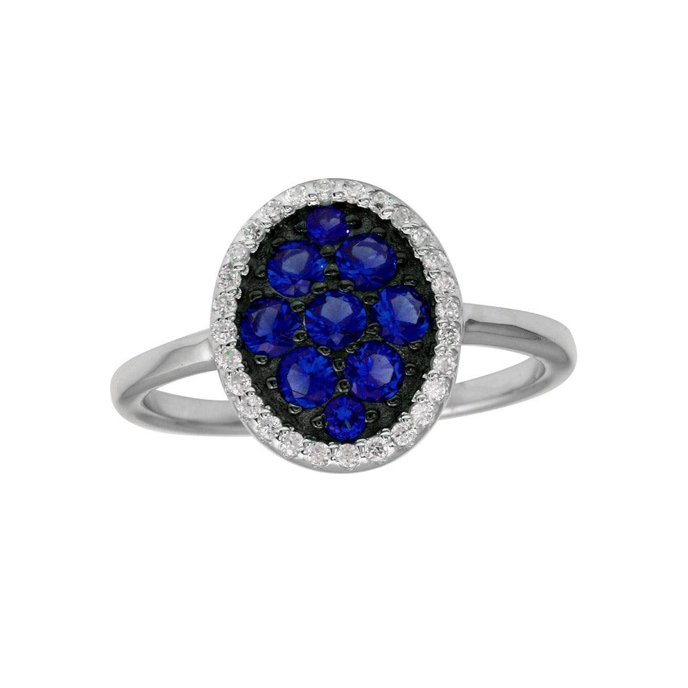 Rhodium Plated 925 Sterling Silver Oval Ring Blue & Clear CZ Band Sizes 5-9