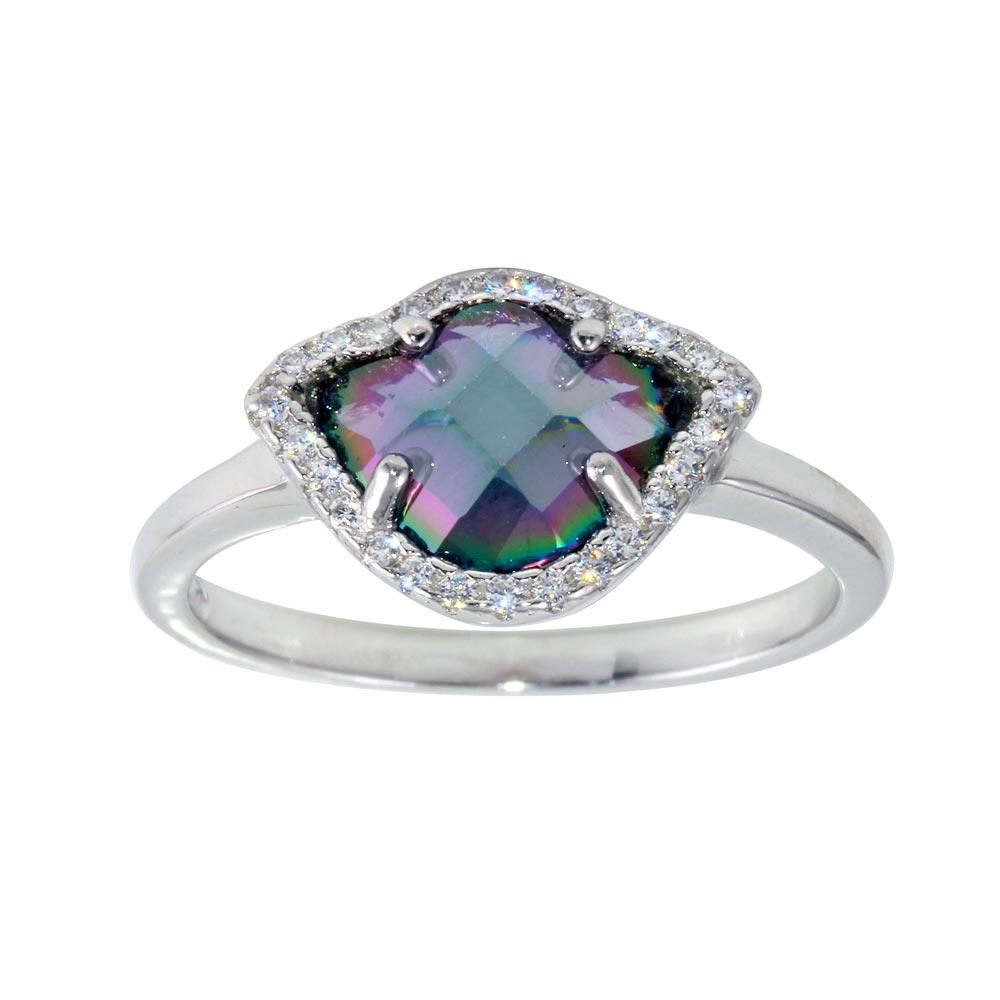 Rhodium Plated 925 Sterling Silver Oval Mystic Topaz CZ Ring Band Sizes 5-9