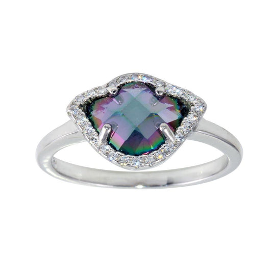 Rhodium Plated 925 Sterling Silver Oval Mystic Topaz CZ Ring Band Sizes 5-9