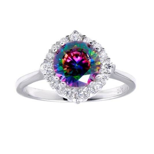 Rhodium Plated 925 Sterling Silver Halo Mystic Topaz CZ Ring Band Sizes 5-9