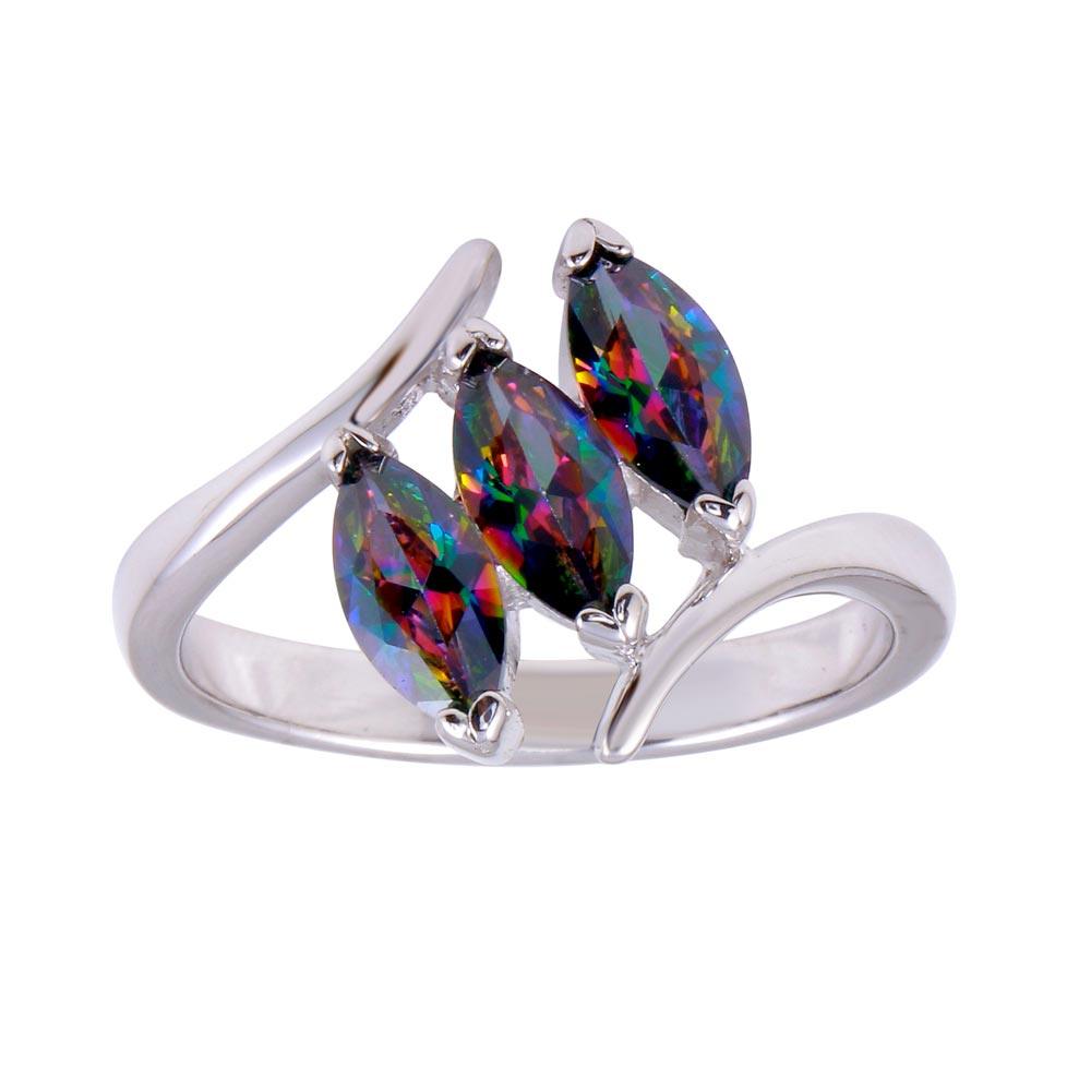 Rhodium Plated 925 Sterling Silver Oval Mystic Topaz CZ Ring Band Sizes 5-9
