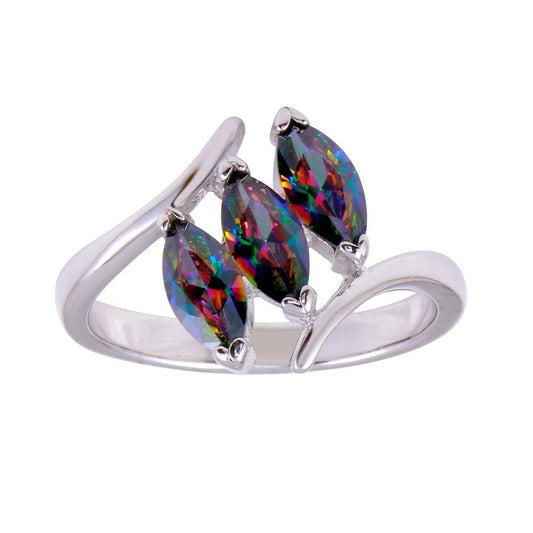 Rhodium Plated 925 Sterling Silver Oval Mystic Topaz CZ Ring Band Sizes 5-9